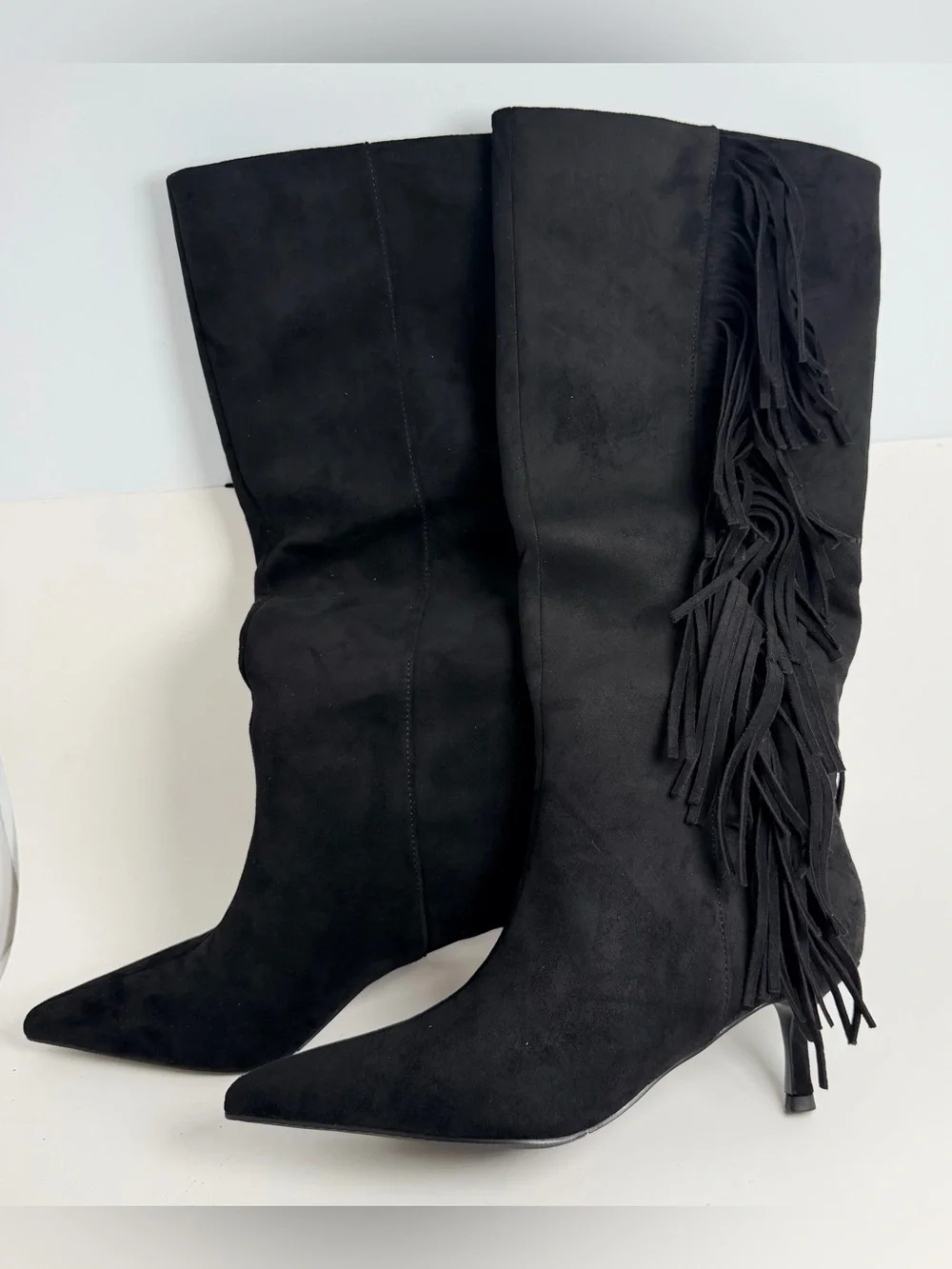 Fringe Stiletto Over-the-Knee Boots in Black